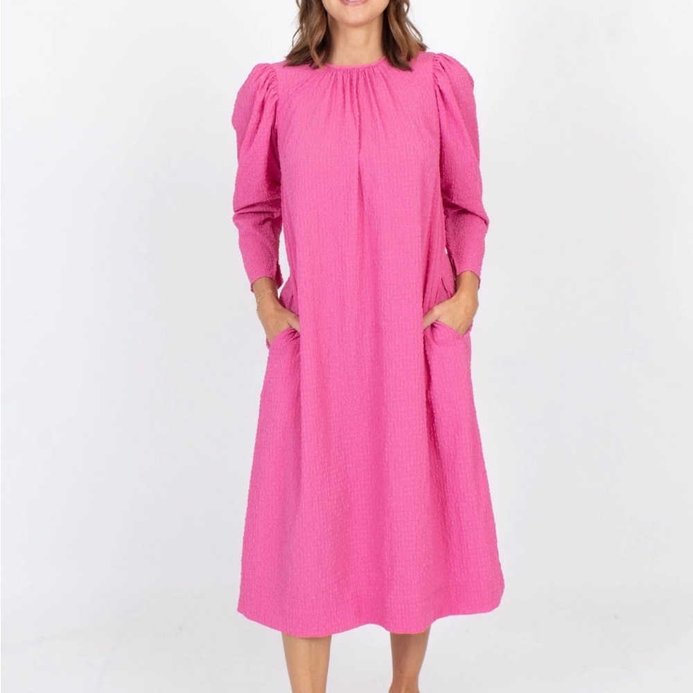 [By Timo] Pink Textured Puff Sleeve Midi Dress - Size Small